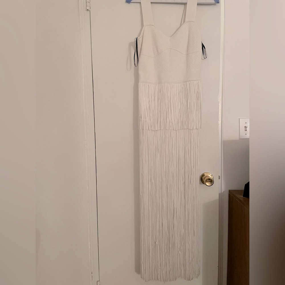 Herve Leger square neckline fringe dress